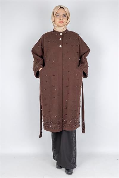 İnci Detaylı Kuşaklı Büyük Beden Kaban Kahve OTW9367