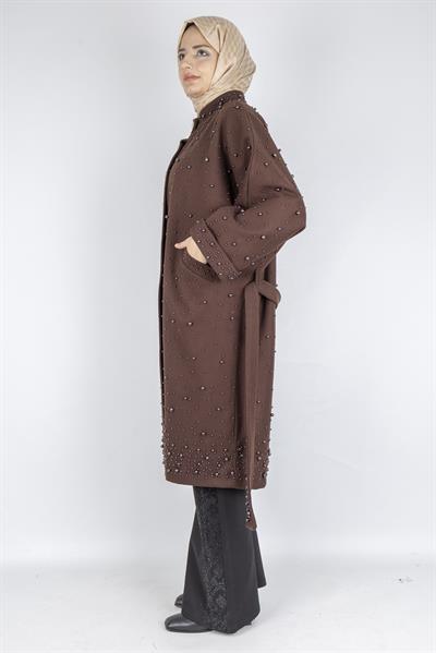 İnci Detaylı Kuşaklı Büyük Beden Kaban Kahve OTW9367