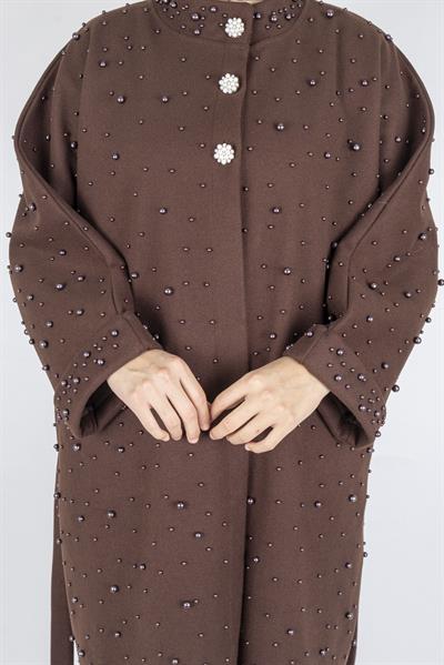 İnci Detaylı Kuşaklı Büyük Beden Kaban Kahve OTW9367