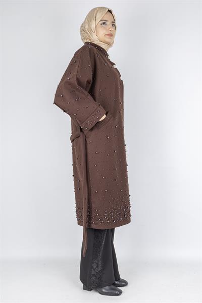 İnci Detaylı Kuşaklı Büyük Beden Kaban Kahve OTW9367