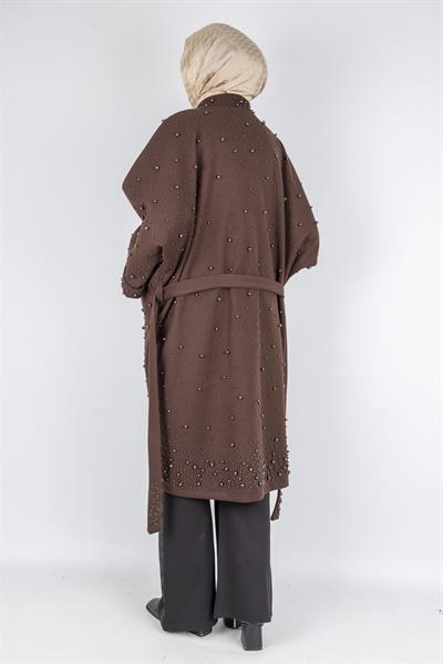 İnci Detaylı Kuşaklı Büyük Beden Kaban Kahve OTW9367