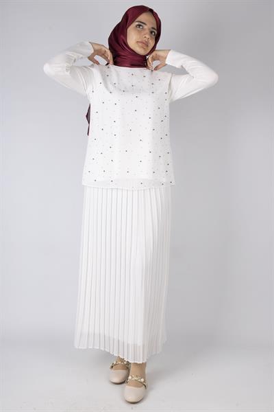 İnci Detaylı Şifon Tunik Ekru OTW577