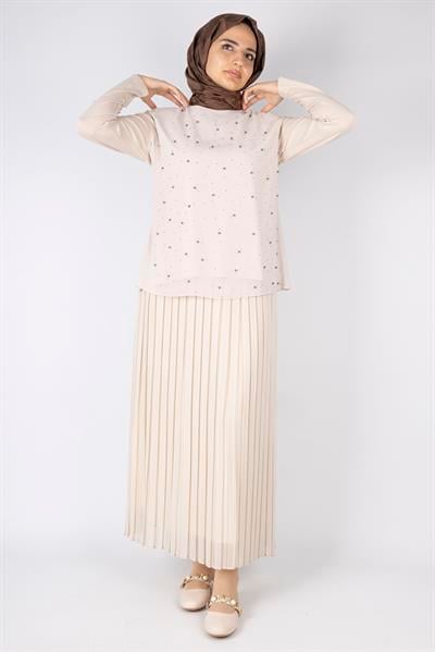 İnci Detaylı Şifon Tunik Krem OTW577