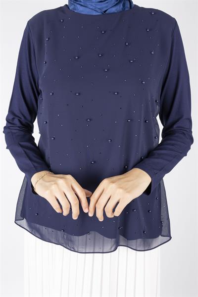 İnci Detaylı Şifon Tunik Lacivert OTW577