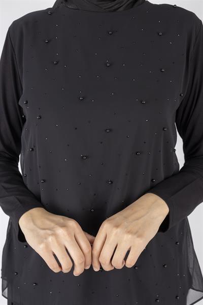 İnci Detaylı Şifon Tunik Siyah OTW577