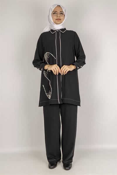 İnci Detaylı Tesettür Takım Siyah OTW1129