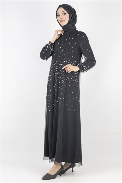 İnci Detaylı Tül Abiye  Elbise Siyah OTW791