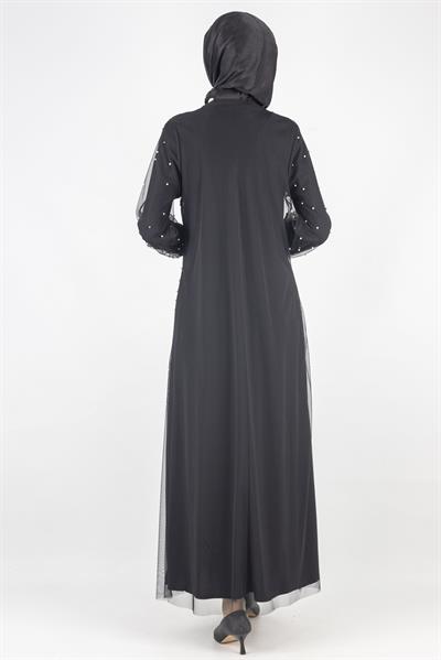 İnci Detaylı Tül Abiye  Elbise Siyah OTW791