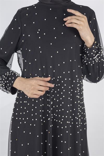 İnci Detaylı Tül Abiye  Elbise Siyah OTW791