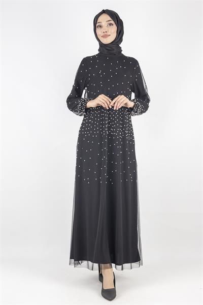 İnci Detaylı Tül Abiye  Elbise Siyah OTW791