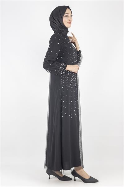 İnci Detaylı Tül Abiye  Elbise Siyah OTW791
