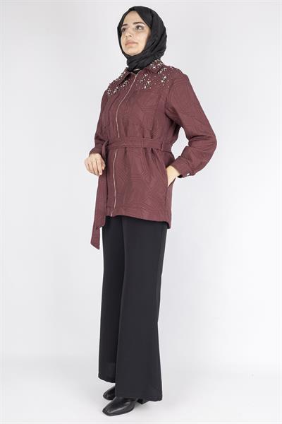İnci Taş İşlemeli Desenli Kısa Tesettür Kap Bordo OTW9270