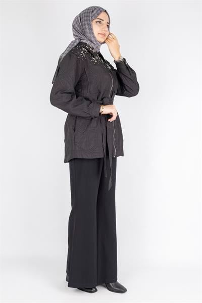 İnci Taş İşlemeli Desenli Kısa Tesettür Kap Siyah OTW9270