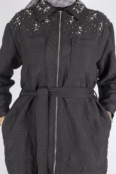 İnci Taş İşlemeli Desenli Kısa Tesettür Kap Siyah OTW9270