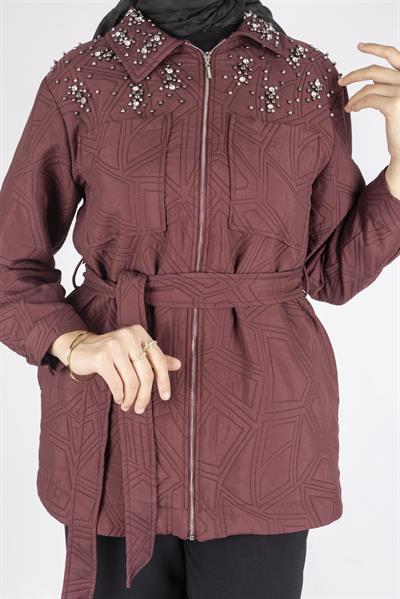 İnci Taş İşlemeli Desenli Kısa Tesettür Kap Bordo OTW9270