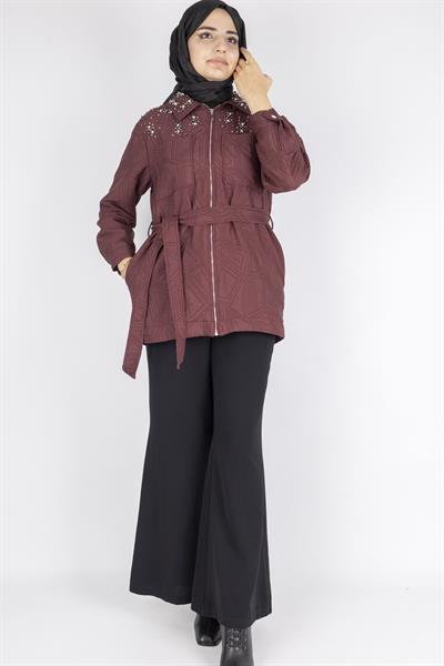 İnci Taş İşlemeli Desenli Kısa Tesettür Kap Bordo OTW9270