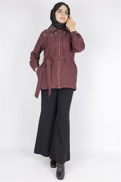 İnci Taş İşlemeli Desenli Kısa Tesettür Kap Bordo OTW9270