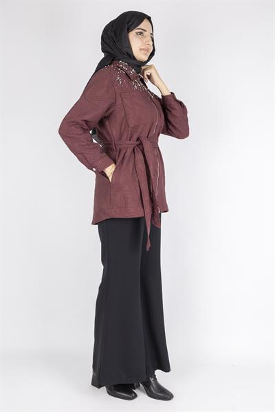 İnci Taş İşlemeli Desenli Kısa Tesettür Kap Bordo OTW9270