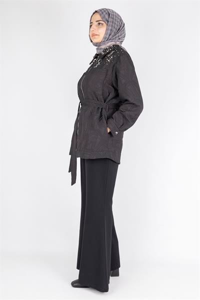 İnci Taş İşlemeli Desenli Kısa Tesettür Kap Siyah OTW9270