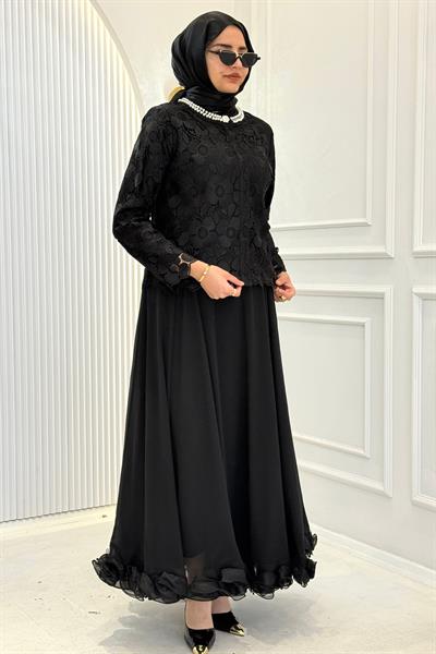 İnci Yaka Dantel Üstlü Şifon Etekli Tesettür Takım Siyah OTW45858
