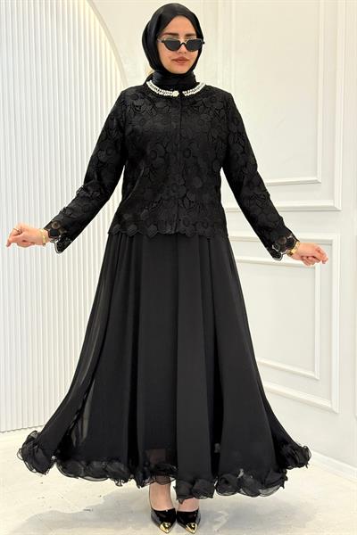 İnci Yaka Dantel Üstlü Şifon Etekli Tesettür Takım Siyah OTW45858
