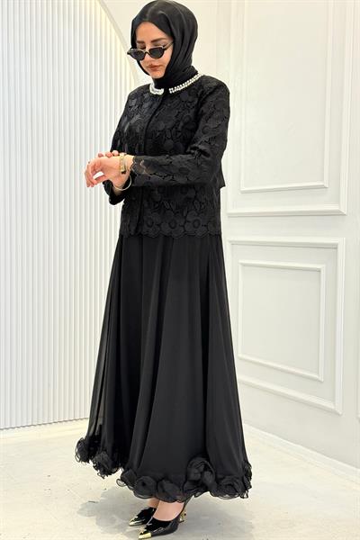 İnci Yaka Dantel Üstlü Şifon Etekli Tesettür Takım Siyah OTW45858