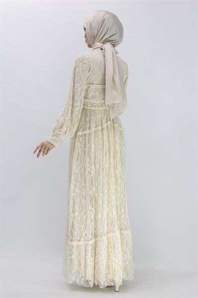 İncili  Dantel Abiye Elbise Bej OTW44311