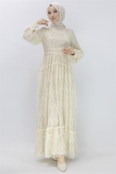 İncili  Dantel Abiye Elbise Bej OTW44311