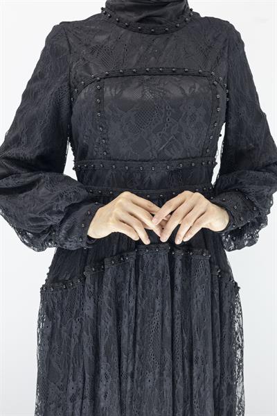 İncili  Dantel Abiye Elbise Siyah OTW44311