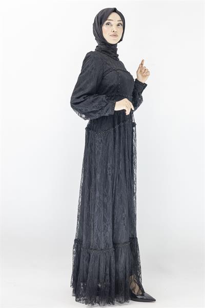 İncili  Dantel Abiye Elbise Siyah OTW44311