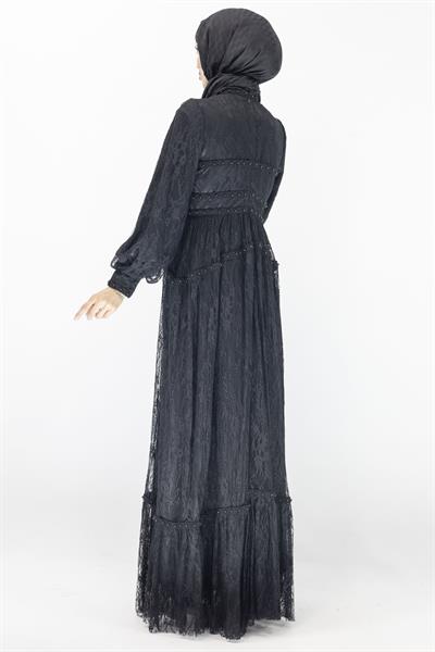 İncili  Dantel Abiye Elbise Siyah OTW44311