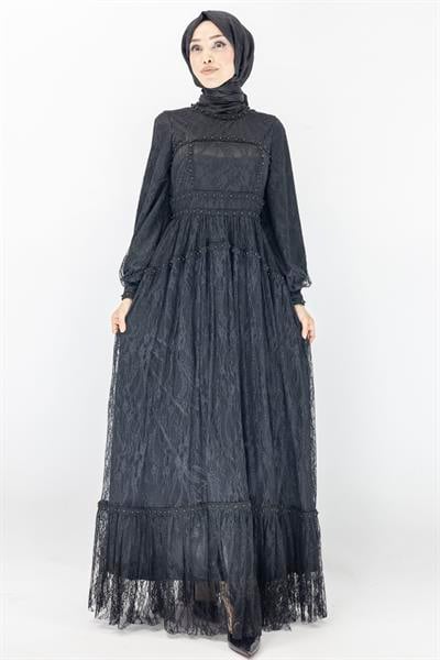 İncili  Dantel Abiye Elbise Siyah OTW44311