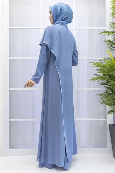 İncili İkili Pelerinli Tulum Takım İndigo OTW38942