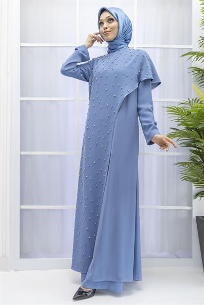 İncili İkili Pelerinli Tulum Takım İndigo OTW38942