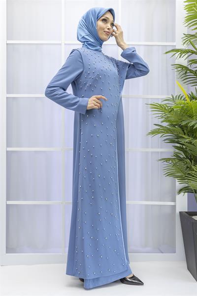 İncili İkili Pelerinli Tulum Takım İndigo OTW38942