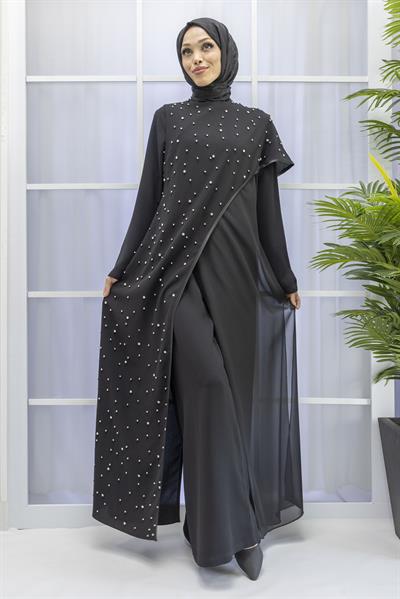 İncili İkili Pelerinli Tulum Takım Siyah OTW38942