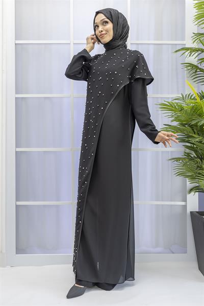 İncili İkili Pelerinli Tulum Takım Siyah OTW38942