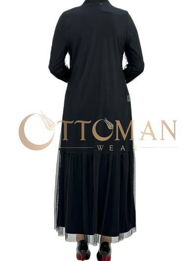 İncili Tül Abayalı Takım Siyah OTW789