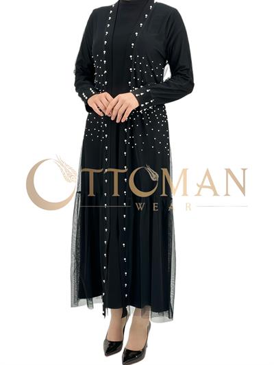 İncili Tül Abayalı Takım Siyah OTW789