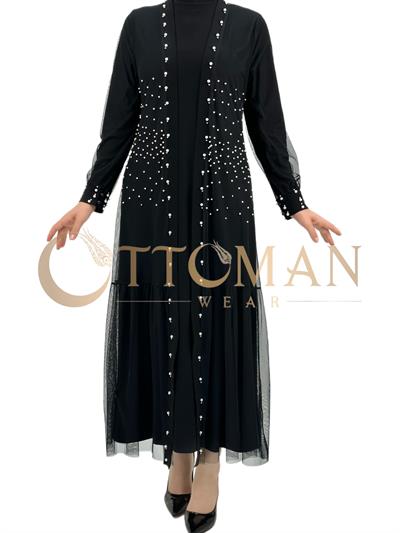 İncili Tül Abayalı Takım Siyah OTW789