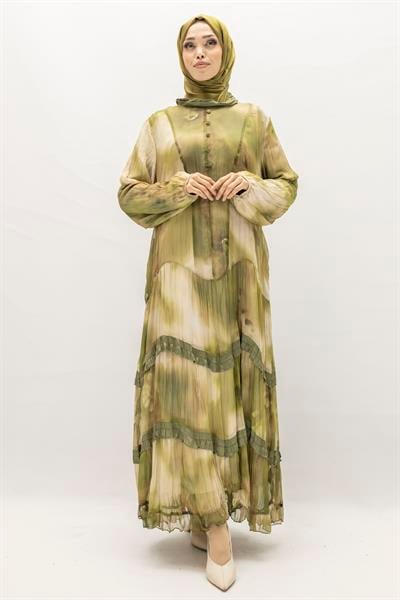 İpek Viskon Karışımlı Büyük Beden Yazlık Astarlı Elbise Haki OTW5944