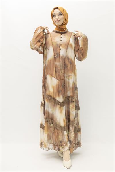 İpek Viskon Karışımlı Büyük Beden Yazlık Astarlı Elbise Brown OTW5944