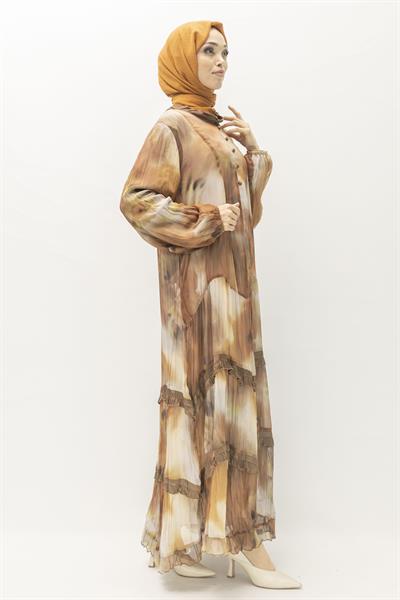 İpek Viskon Karışımlı Büyük Beden Yazlık Astarlı Elbise Brown OTW5944