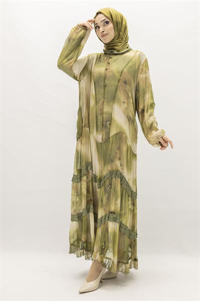 İpek Viskon Karışımlı Büyük Beden Yazlık Astarlı Elbise Haki OTW5944