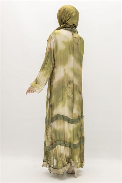 İpek Viskon Karışımlı Büyük Beden Yazlık Astarlı Elbise Haki OTW5944