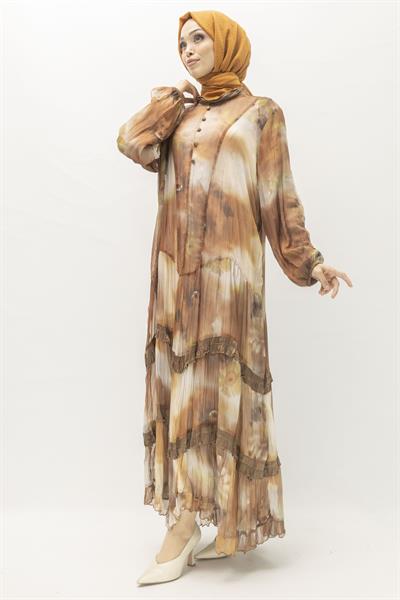 İpek Viskon Karışımlı Büyük Beden Yazlık Astarlı Elbise Brown OTW5944