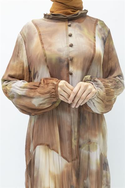 İpek Viskon Karışımlı Büyük Beden Yazlık Astarlı Elbise Brown OTW5944