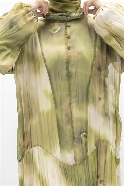 İpek Viskon Karışımlı Büyük Beden Yazlık Astarlı Elbise Haki OTW5944