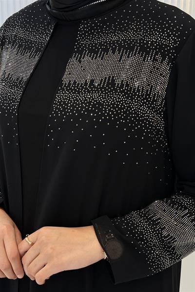 Işıltılı Taş Detaylı Pelerinli Tesettür Abiye Siyah OTW549