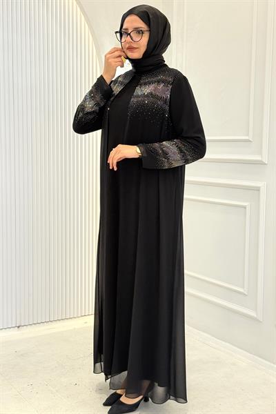 Işıltılı Taş Detaylı Pelerinli Tesettür Abiye Siyah OTW549